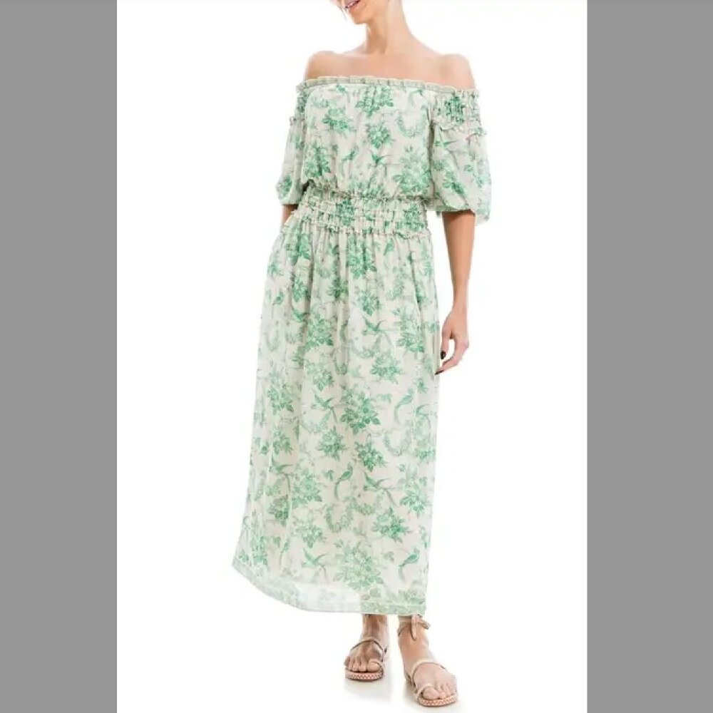 MAX STUDIO Off the Shoulder Maxi Dress Green/Cream (L)